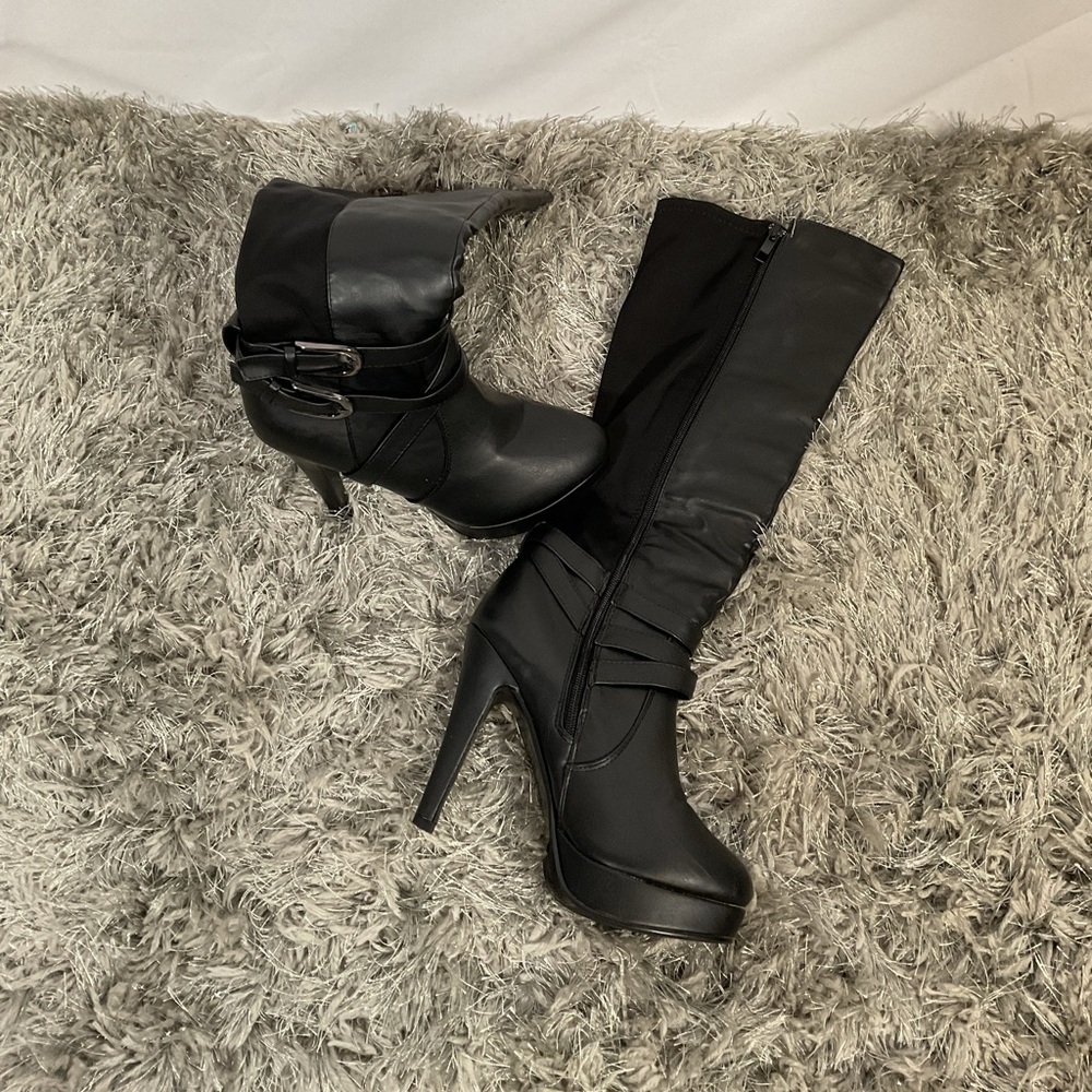 EUC Faux leather Forever Black Platform Knee High Boot - Picture 2 of 5